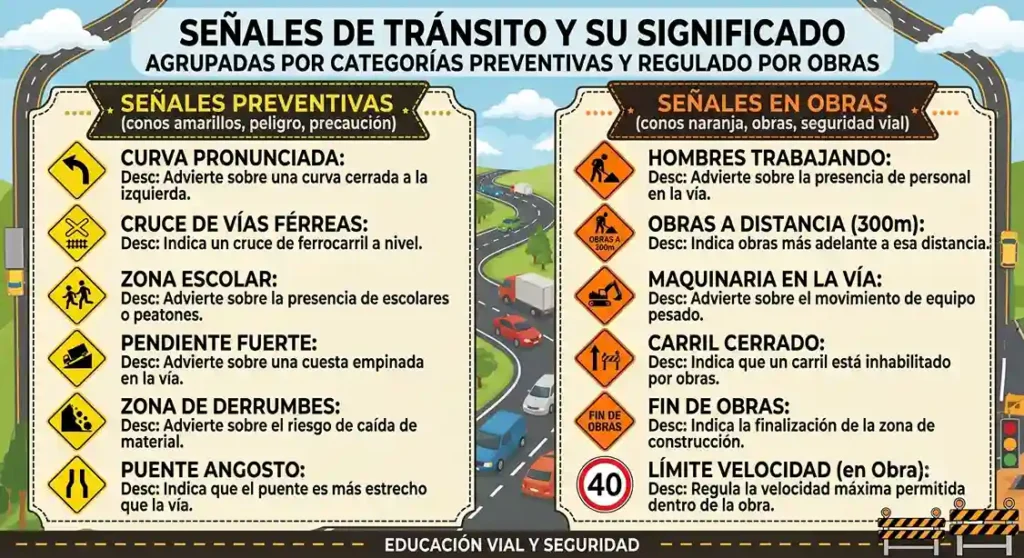 Señales de Tránsito y su Significado Completo (Guía Vial 2026) Senales de transito y su significado agrupadas por categorias preventivas y reguladoras